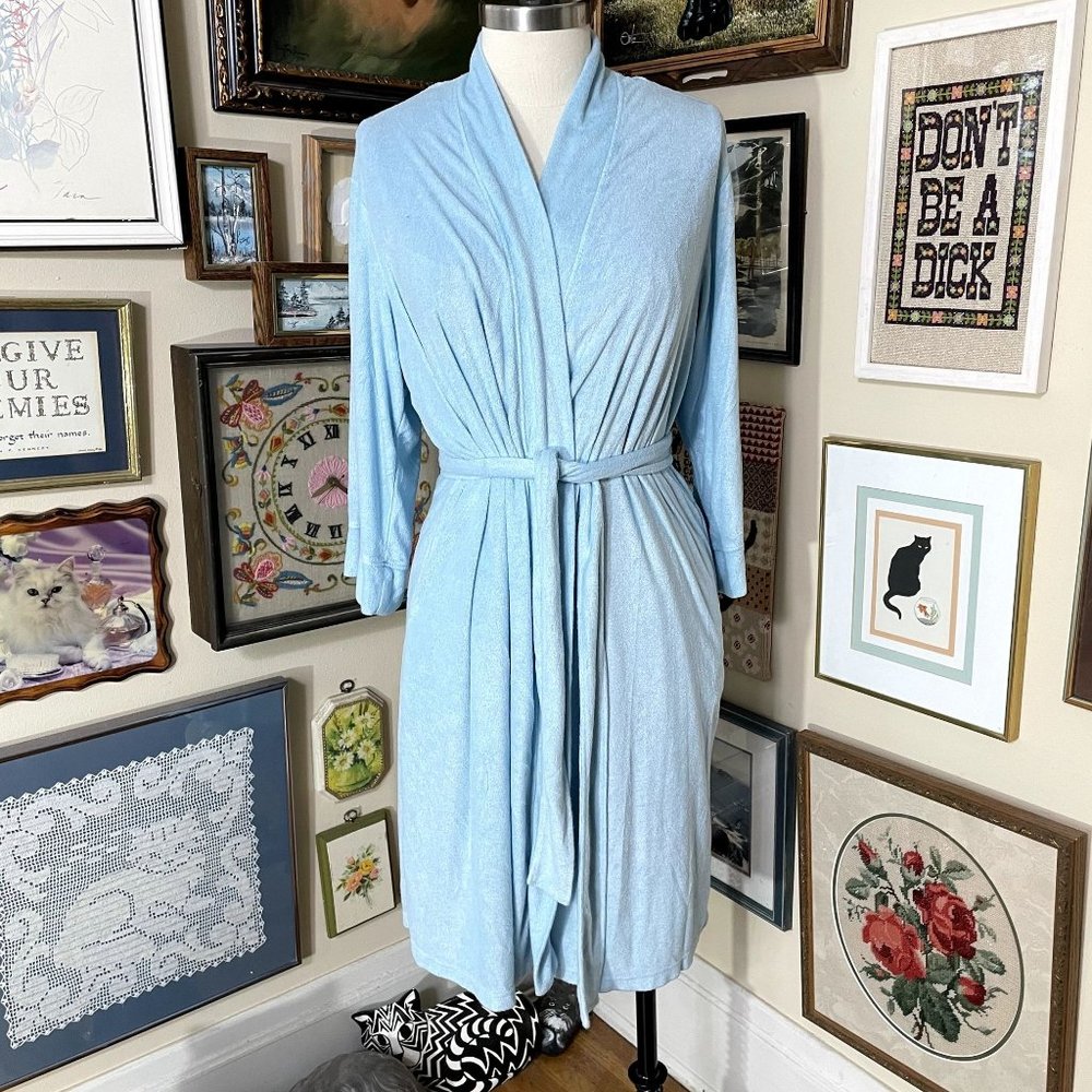 Natori Pastel Blue Lightweight Terrycloth Midi Length Robe with Pockets Size L